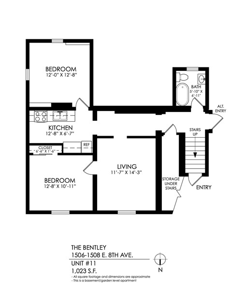 Floor plan for 2 beds, 1 bath, 1023 sqft
